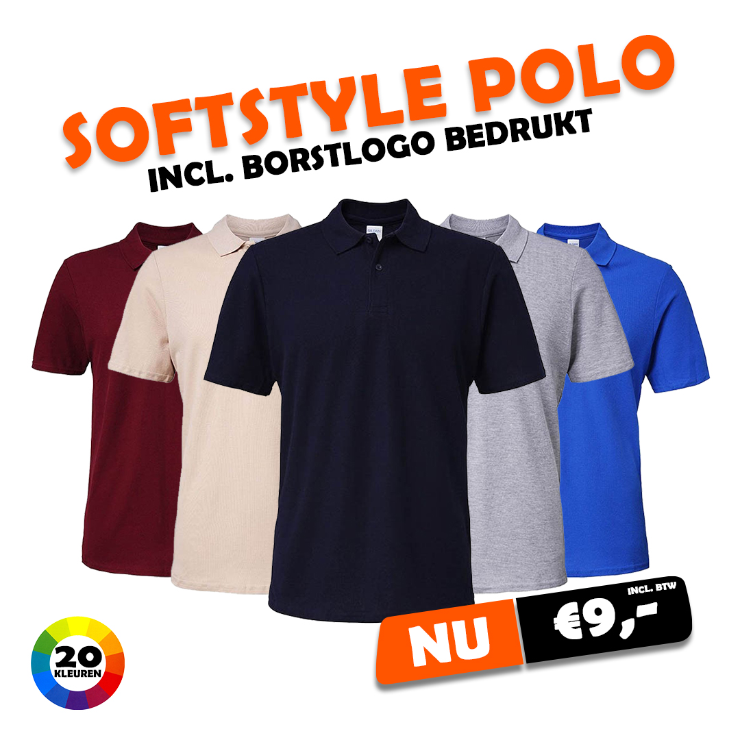 Heren Softstyle polo incl borstlogo €9,-
