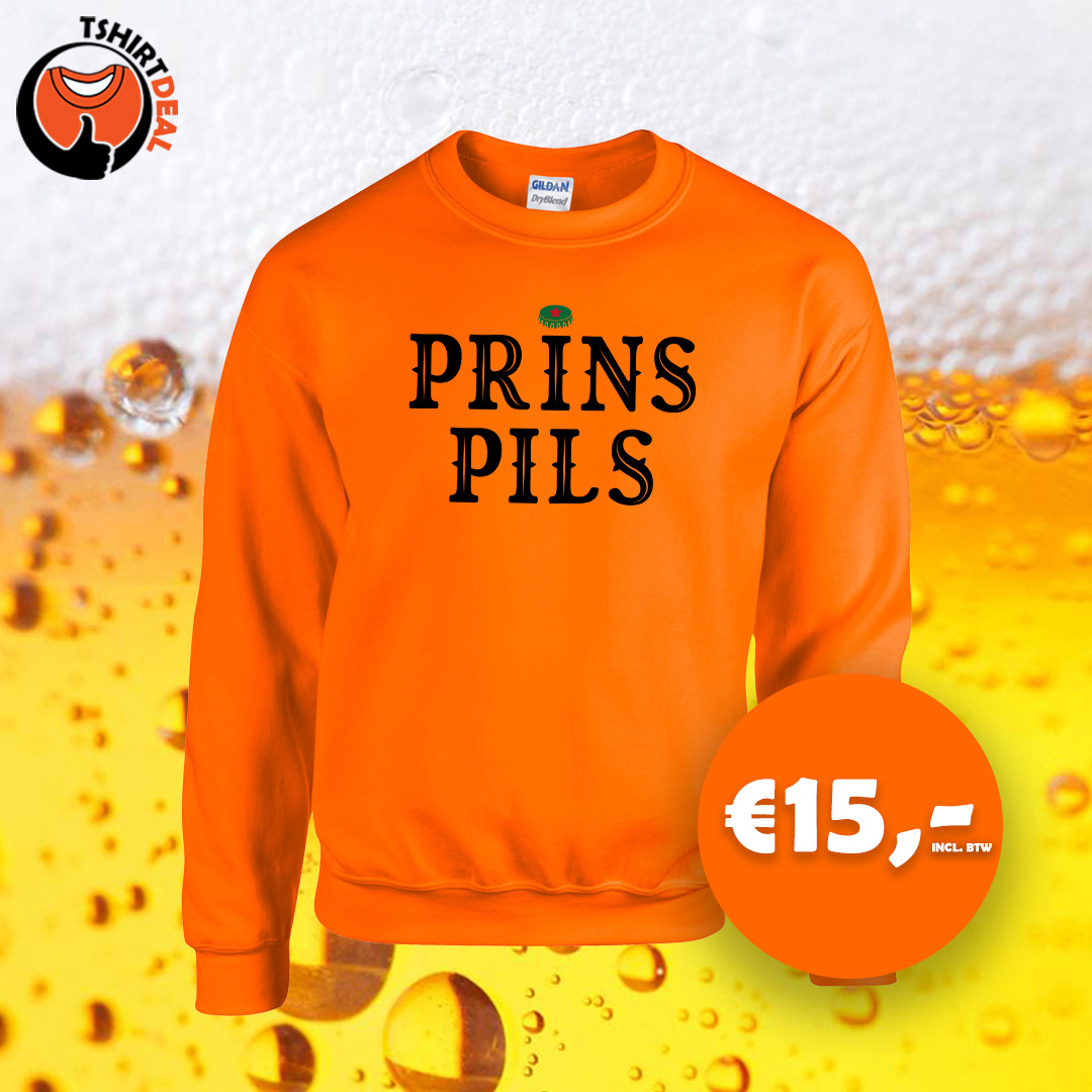 Oranje sweater met opdruk 'Prins Pils'