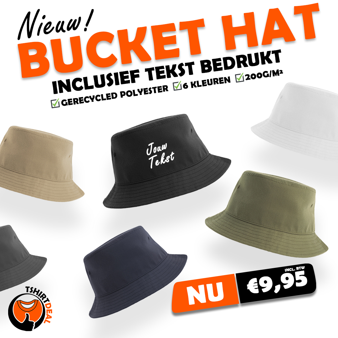 Bucket hat incl. tekst bedrukt €9,95!