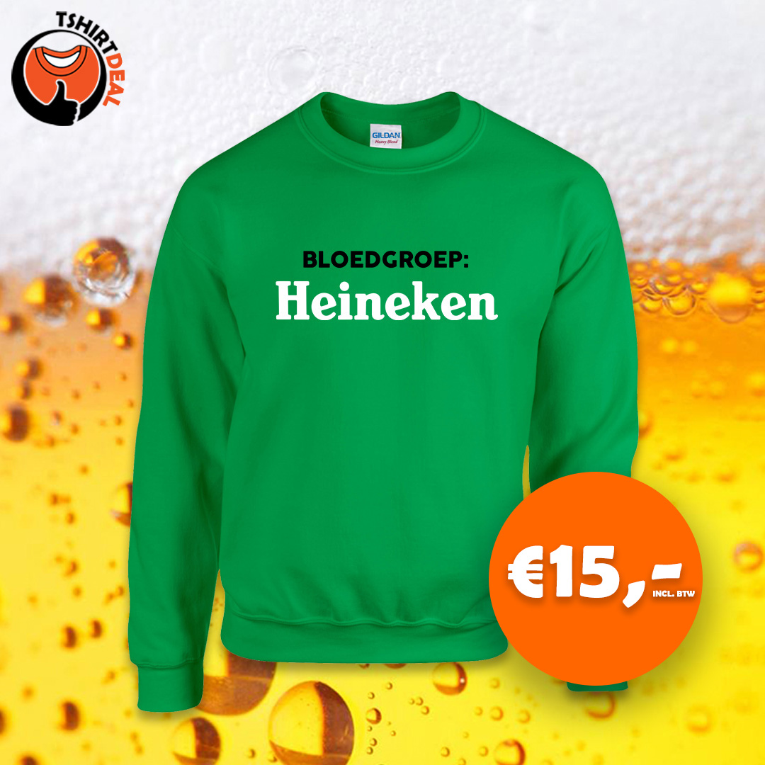 Groene sweater met opdruk 'bloedgroep: heineken'