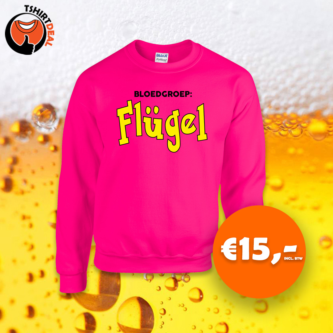 Neon roze sweater met opdruk 'Bloedgroep: Flugel'