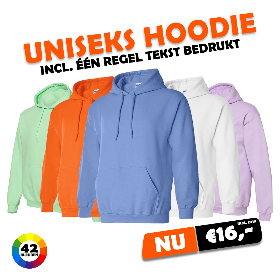 Uniseks hoodie inclusief één regel tekst €16,-