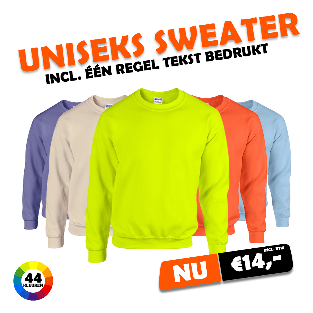 Uniseks sweater inclusief één regel tekst €14,-