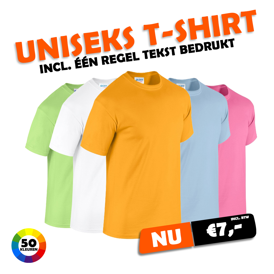 Uniseks T-shirt met eigen tekst €7,-